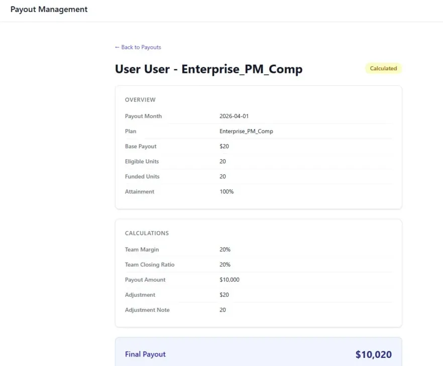 Payout Management dashboard for User User - Enterprise_PM_Comp showing overview and calculations sections.