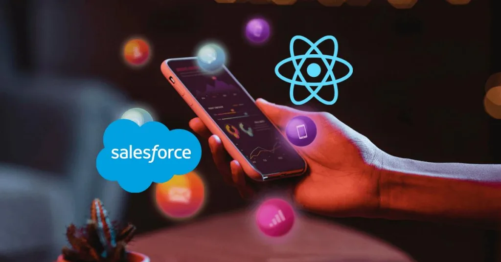 Hand holding a smartphone showing charts, with Salesforce cloud logo and React logo in the background, symbolizing mobile analytics and development.