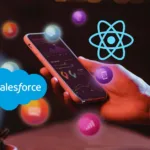Hand holding a smartphone showing charts, with Salesforce cloud logo and React logo in the background, symbolizing mobile analytics and development.