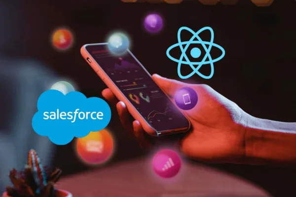 Hand holding a smartphone showing charts, with Salesforce cloud logo and React logo in the background, symbolizing mobile analytics and development.