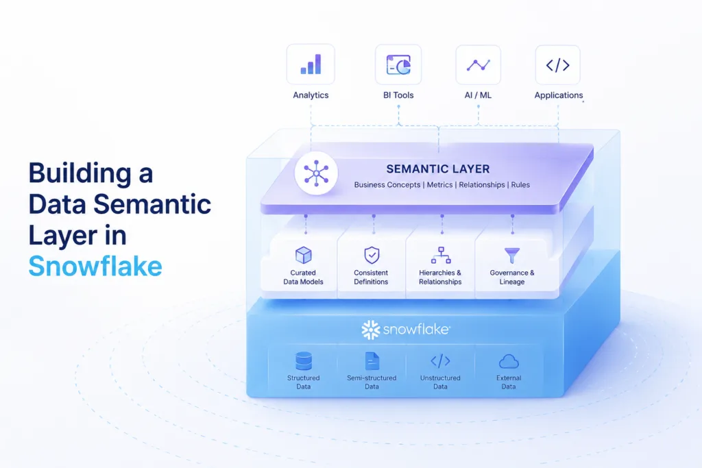 Diagram of Snowflake Semantic Layer architecture with icons for Analytics, BI Tools, AI/ML, and Applications above a layered platform labeled 'Semantic Layer' and 'Snowflake' logo on the base (informational image).