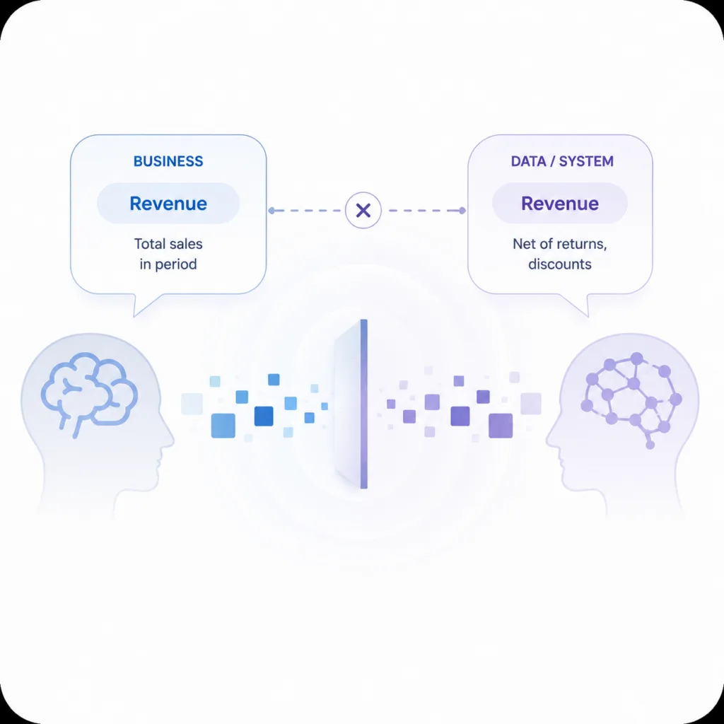 AI BI Challenges - Illustration of two profiles facing each other with a central data exchange, labeled Revenue in Business and Revenue in Data/System, symbolizing data flow.