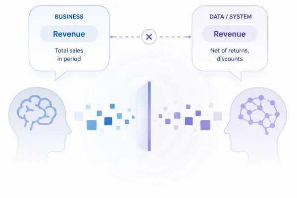 AI BI Challenges - Illustration of two profiles facing each other with a central data exchange, labeled Revenue in Business and Revenue in Data/System, symbolizing data flow.