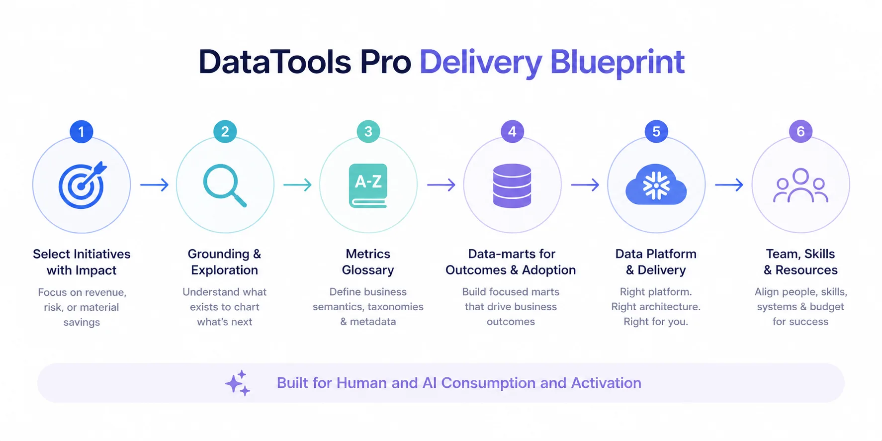 DataTools Pro Delivery Blueprint: a six-step flow from selecting initiatives to building team and resources.