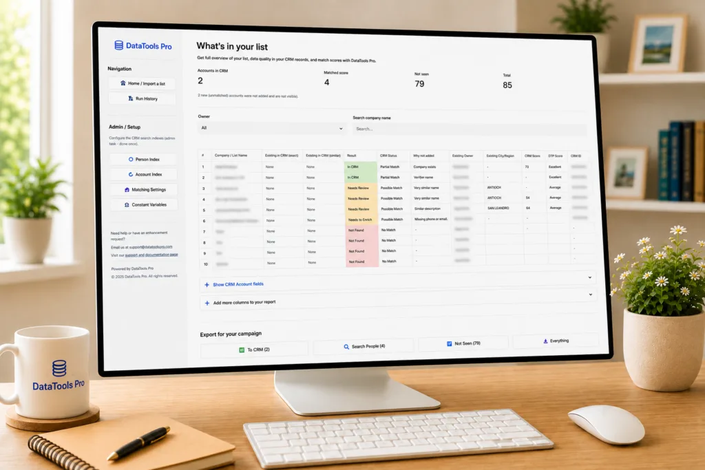 Monitor on a wooden desk shows a DataTools Pro CRM list overview titled 'What’s in your list' with a sidebar navigation.