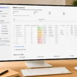 Monitor on a wooden desk shows a DataTools Pro CRM list overview titled 'What’s in your list' with a sidebar navigation.