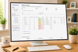 Monitor on a wooden desk shows a DataTools Pro CRM list overview titled 'What’s in your list' with a sidebar navigation.