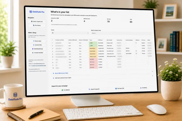 Monitor on a wooden desk shows a DataTools Pro CRM list overview titled 'What’s in your list' with a sidebar navigation.