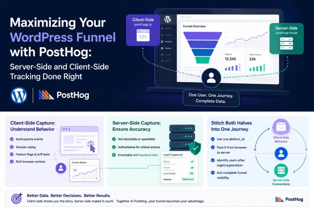 Hero banner with the headline “Maximizing Your WordPress Funnel with PostHog: Server-Side and Client-Side Tracking Done Right,” showing a laptop screen with a funnel chart and data panels, and labels for Client-Side (posthog-js) and Server-Side (posthog-node) along with WordPress and PostHog logos.
