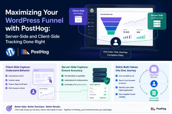 Hero banner with the headline “Maximizing Your WordPress Funnel with PostHog: Server-Side and Client-Side Tracking Done Right,” showing a laptop screen with a funnel chart and data panels, and labels for Client-Side (posthog-js) and Server-Side (posthog-node) along with WordPress and PostHog logos.
